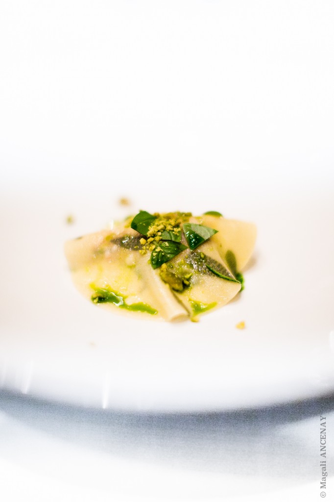 Langoustines juste saisies, pâte à pâte au basilic, crémeux parmesan, verre de courgette - GLENN VIEL